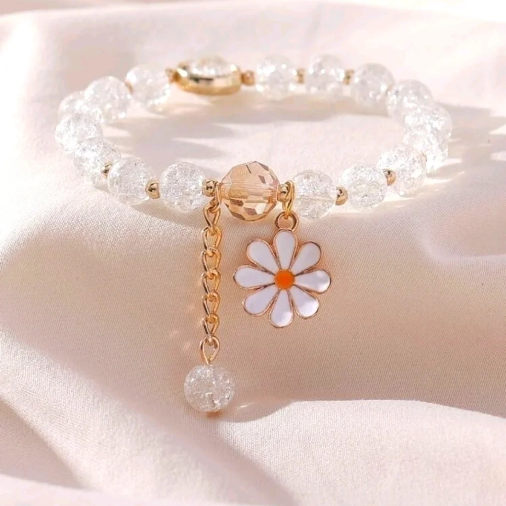 Daisy charm bracelet white gold chain women's dress jewelry cute girls flower